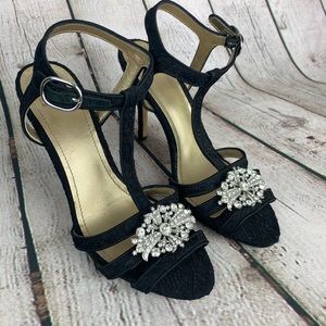 Badgley Mischka Belle Black Lace Rhinestone Heels Size 8 LKNW